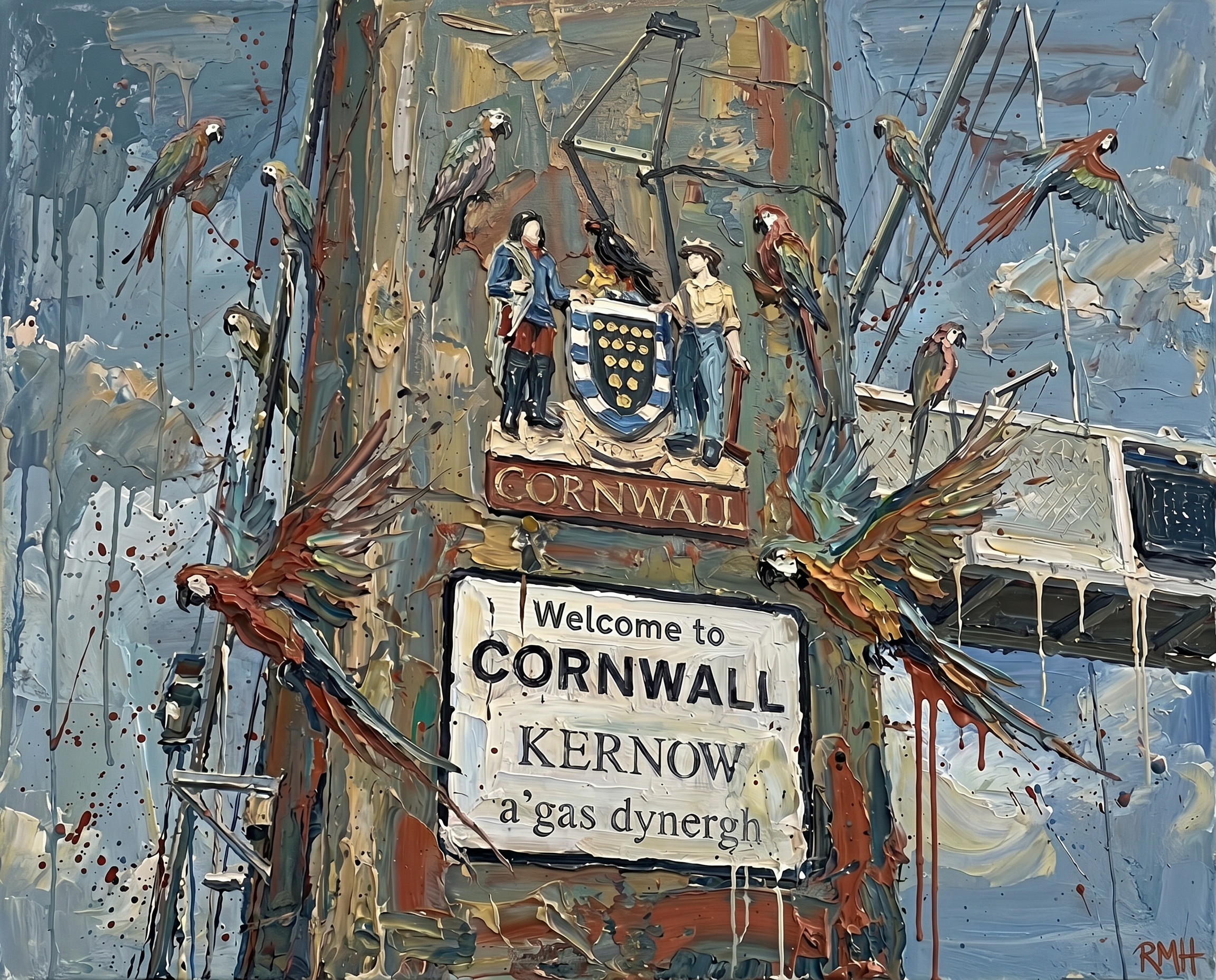 Parrots on the Tamar Bridge — Oblivious in Cornwall palette-knife print on aluminium composite
