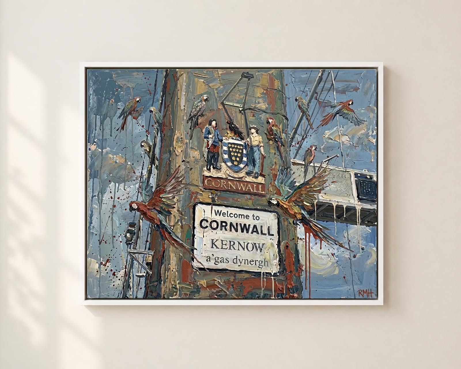 Parrots on the Tamar Bridge — Oblivious in Cornwall palette-knife print on aluminium composite