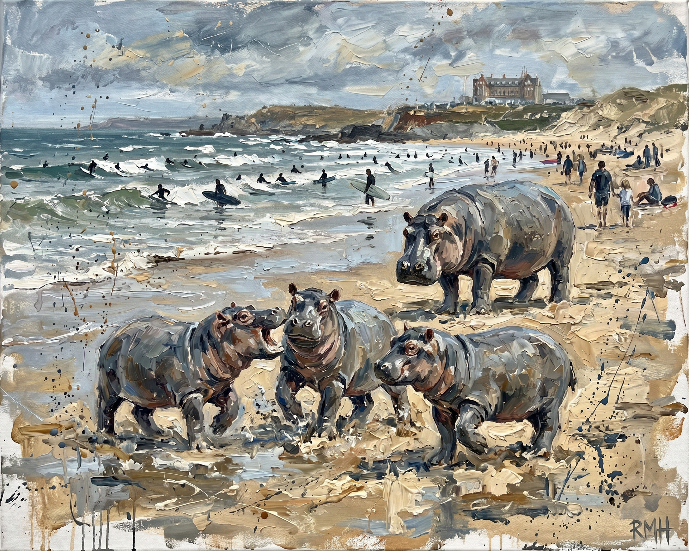 Hippos on the Beach (Fistral) — Oblivious in Cornwall palette-knife print on aluminium composite