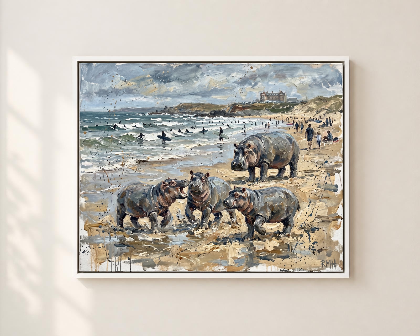 Hippos on the Beach (Fistral) — Oblivious in Cornwall palette-knife print on aluminium composite