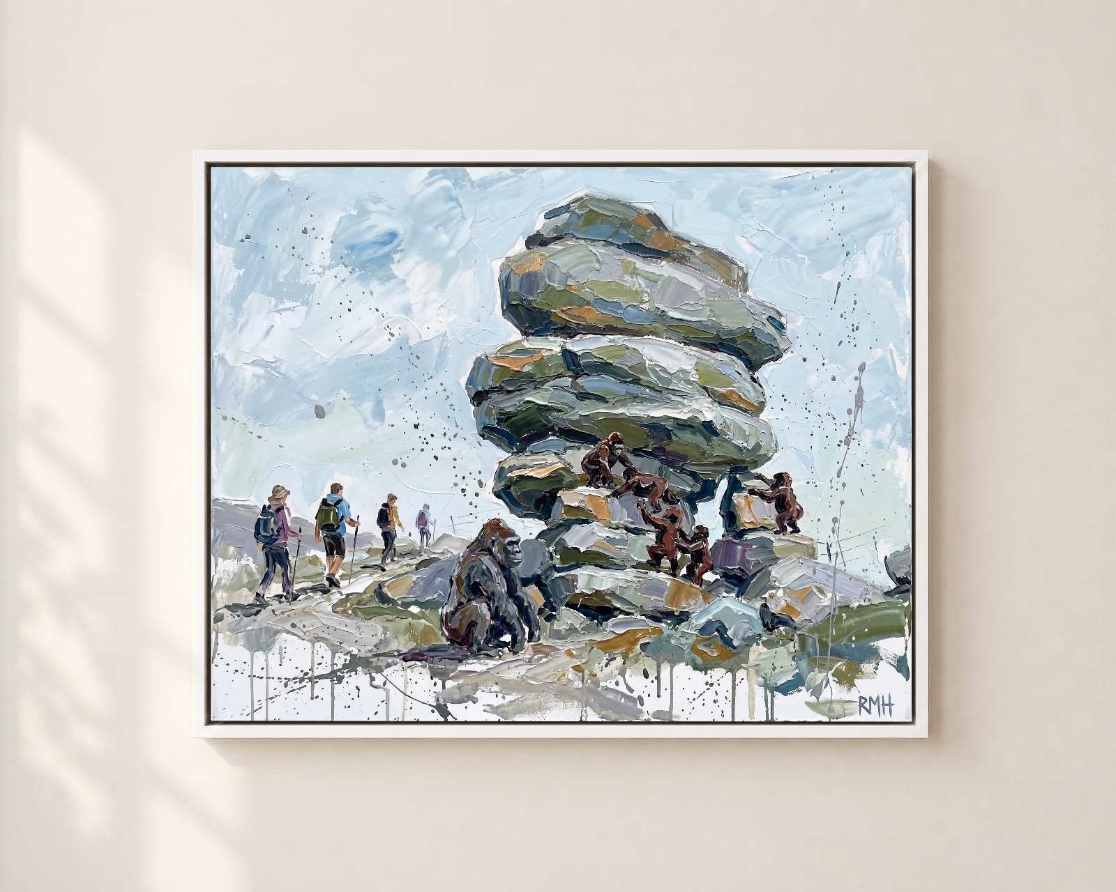 Gorillas at the Cheesewring — Oblivious in Cornwall palette-knife print on aluminium composite
