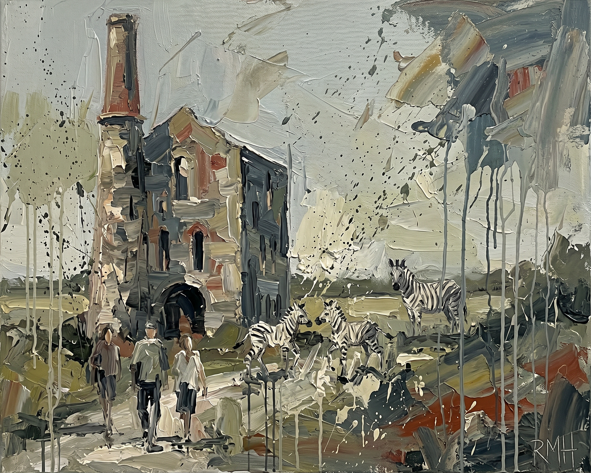 Zebras at the Tin Mine — Oblivious in Cornwall palette-knife print on aluminium composite