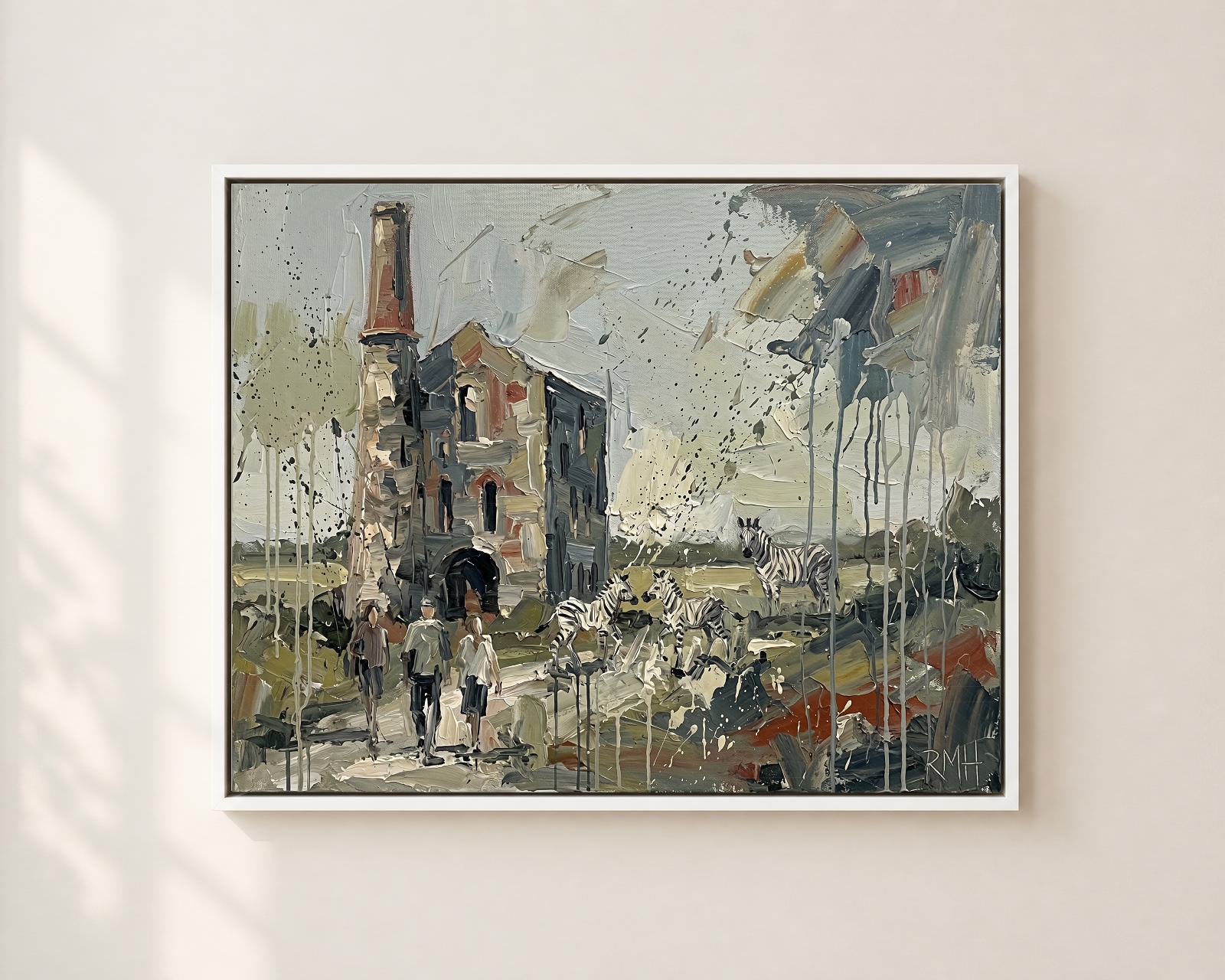 Zebras at the Tin Mine — Oblivious in Cornwall palette-knife print on aluminium composite
