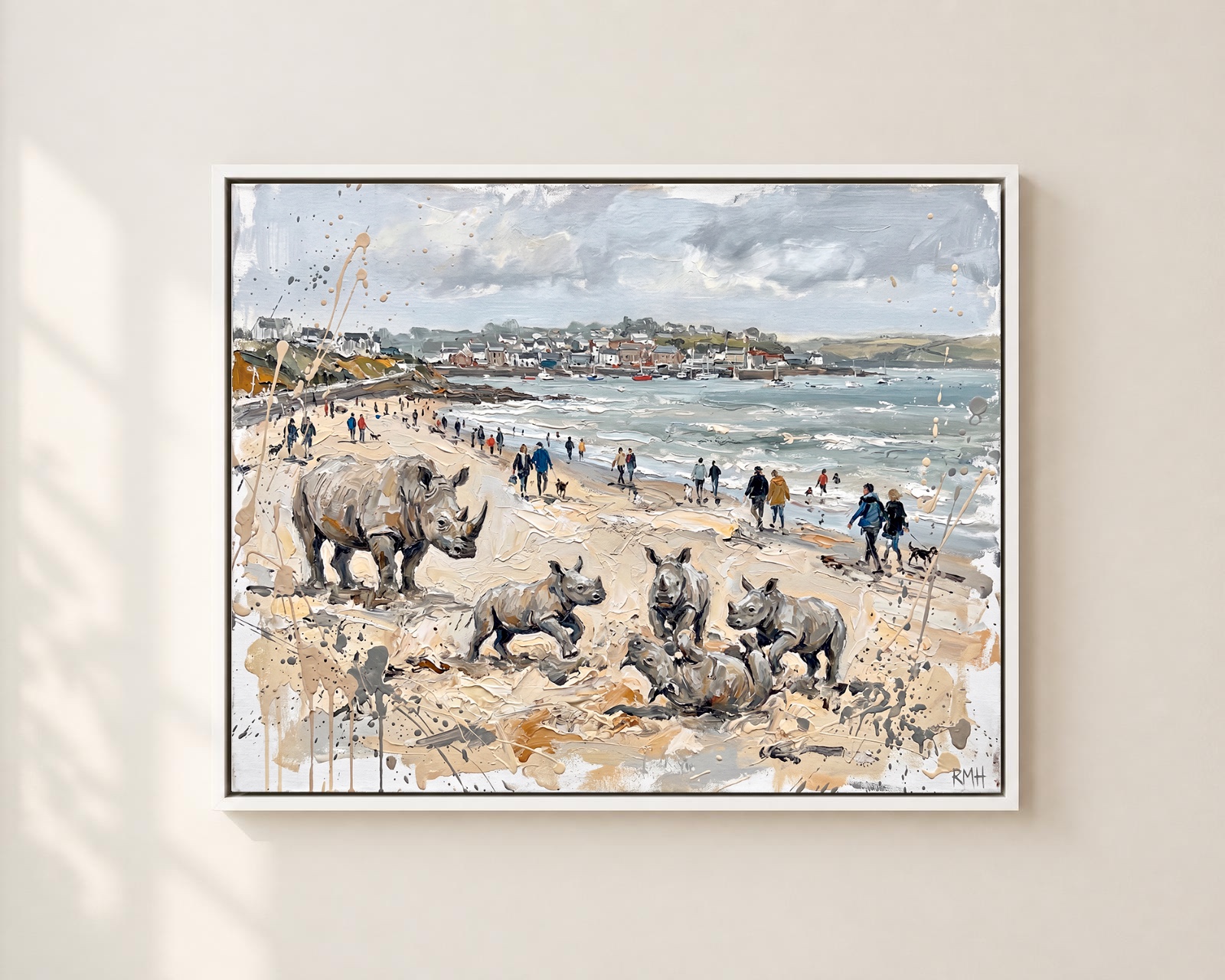 Rhinos on Rock Beach — Oblivious in Cornwall palette-knife print on aluminium composite
