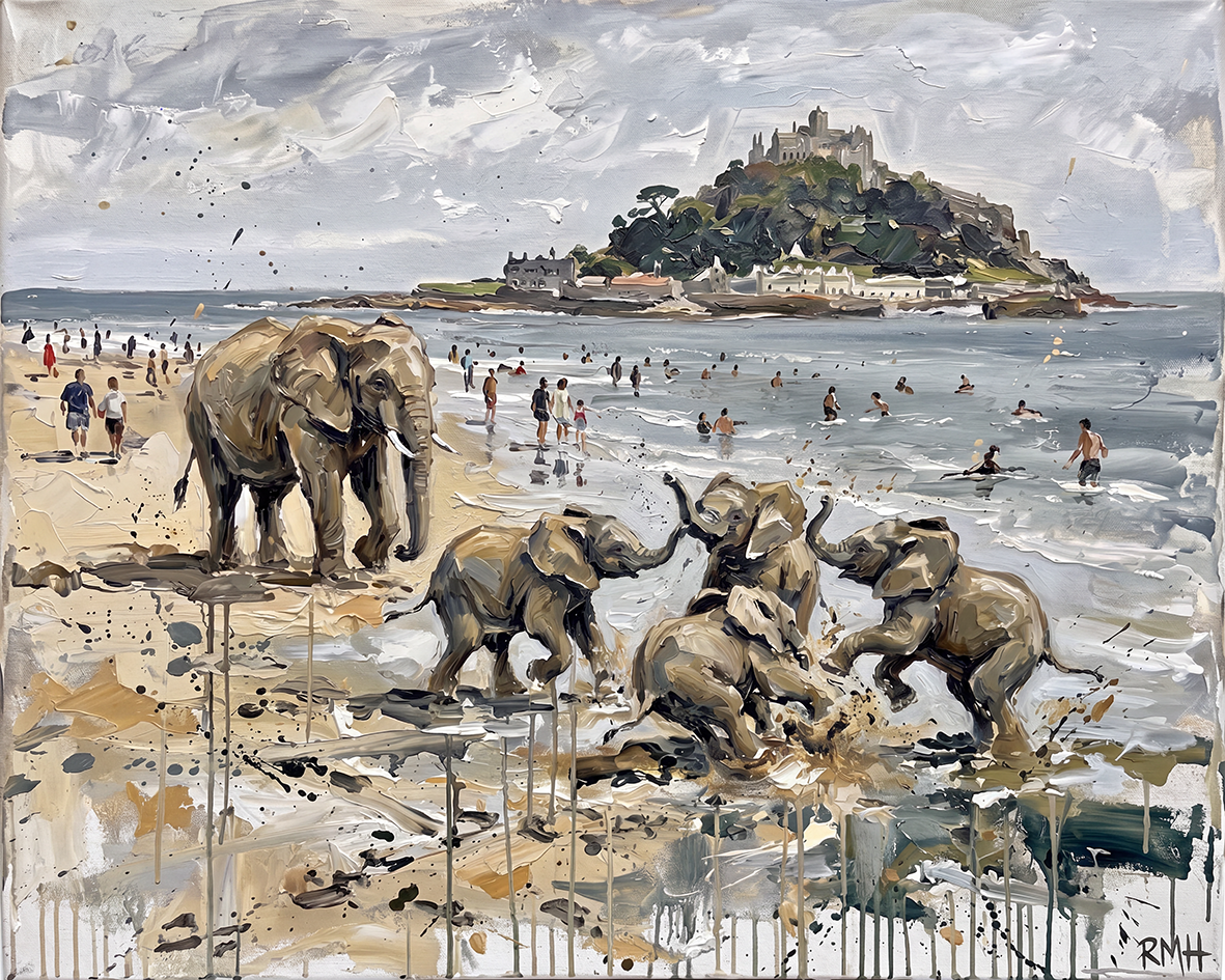 Elephants On Marazion Beach — Oblivious in Cornwall palette-knife print on aluminium composite