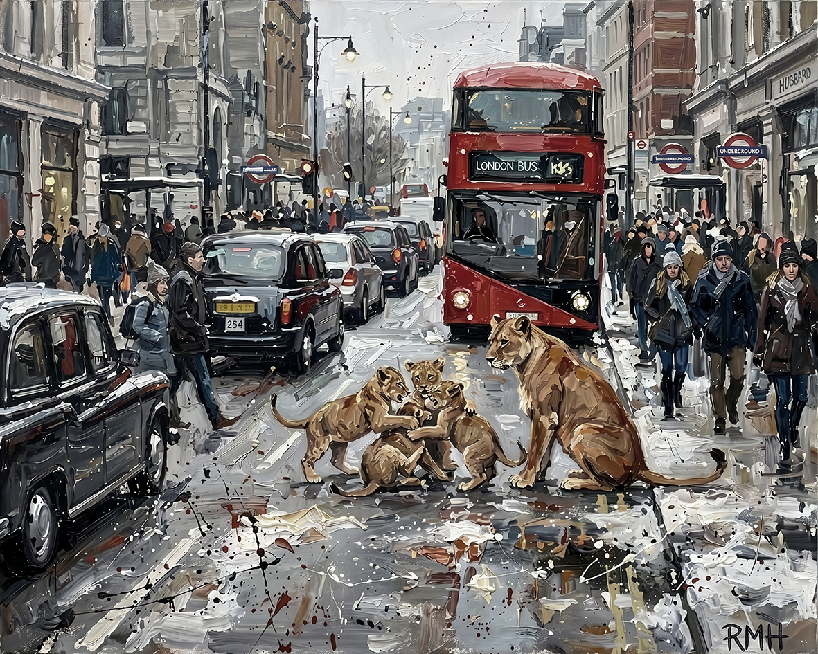 Lions on Oxford Street — Oblivious in London palette-knife print on aluminium composite