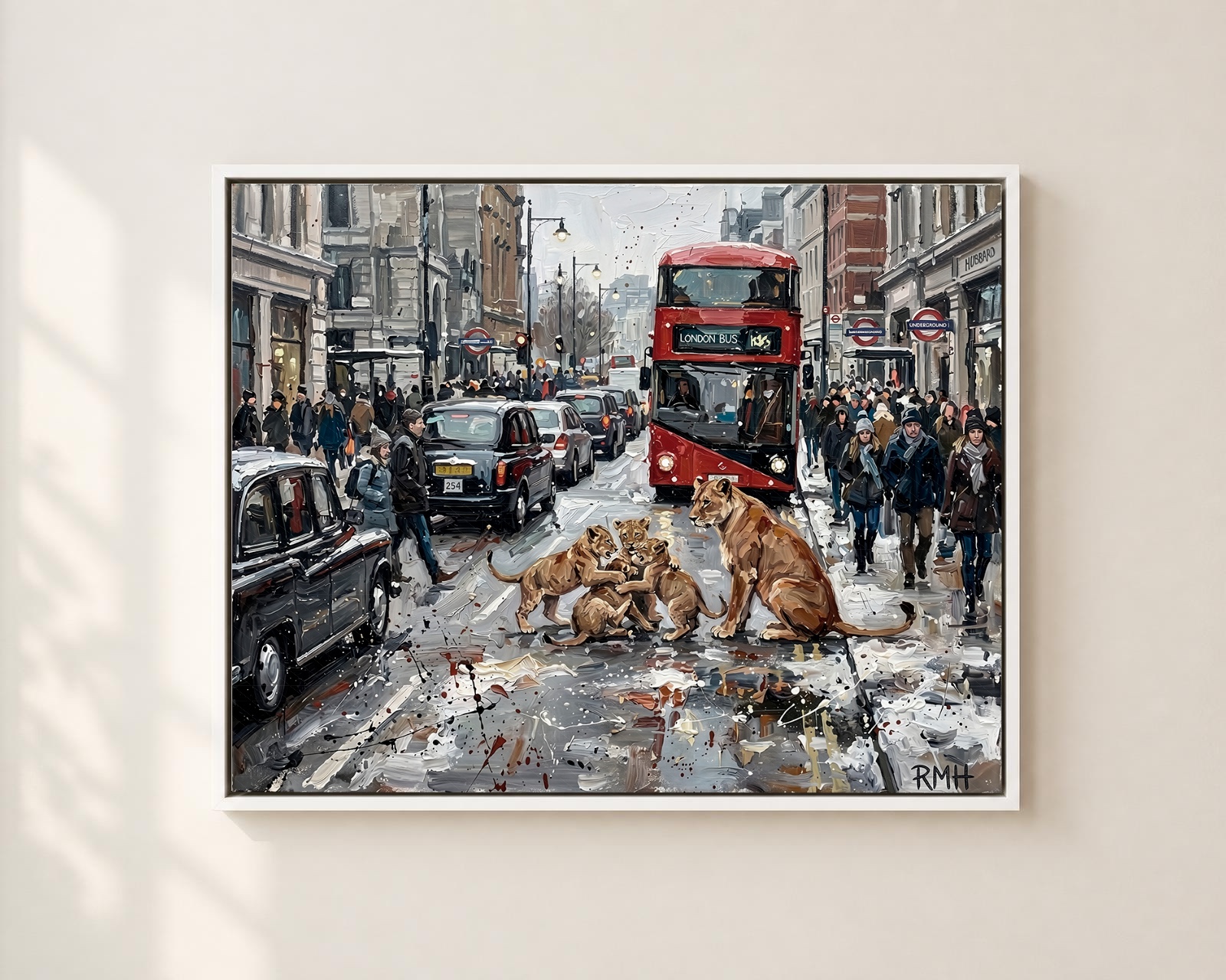 Lions on Oxford Street — Oblivious in London palette-knife print on aluminium composite