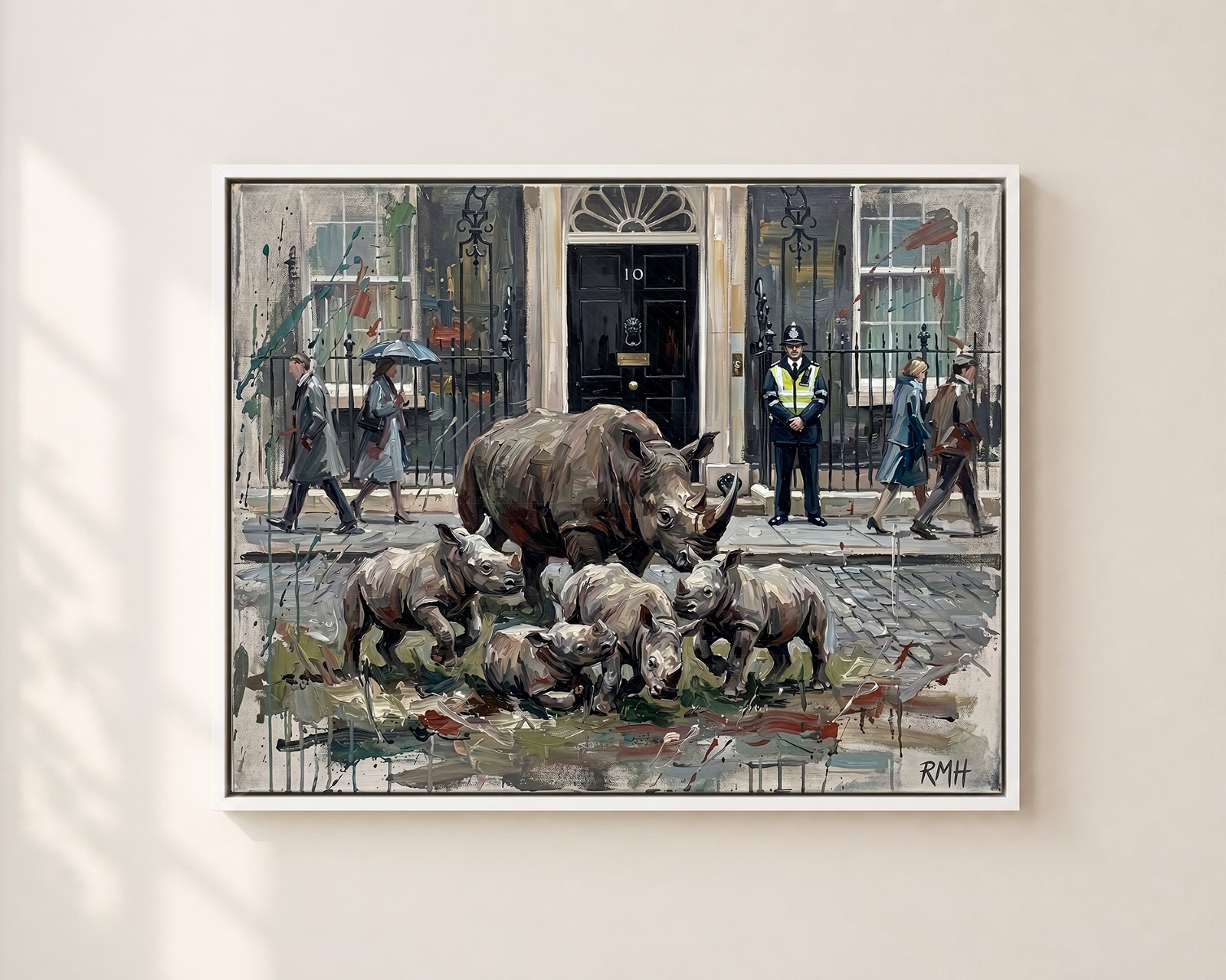 Rhinos at 10 Downing Street — Oblivious in London palette-knife print on aluminium composite