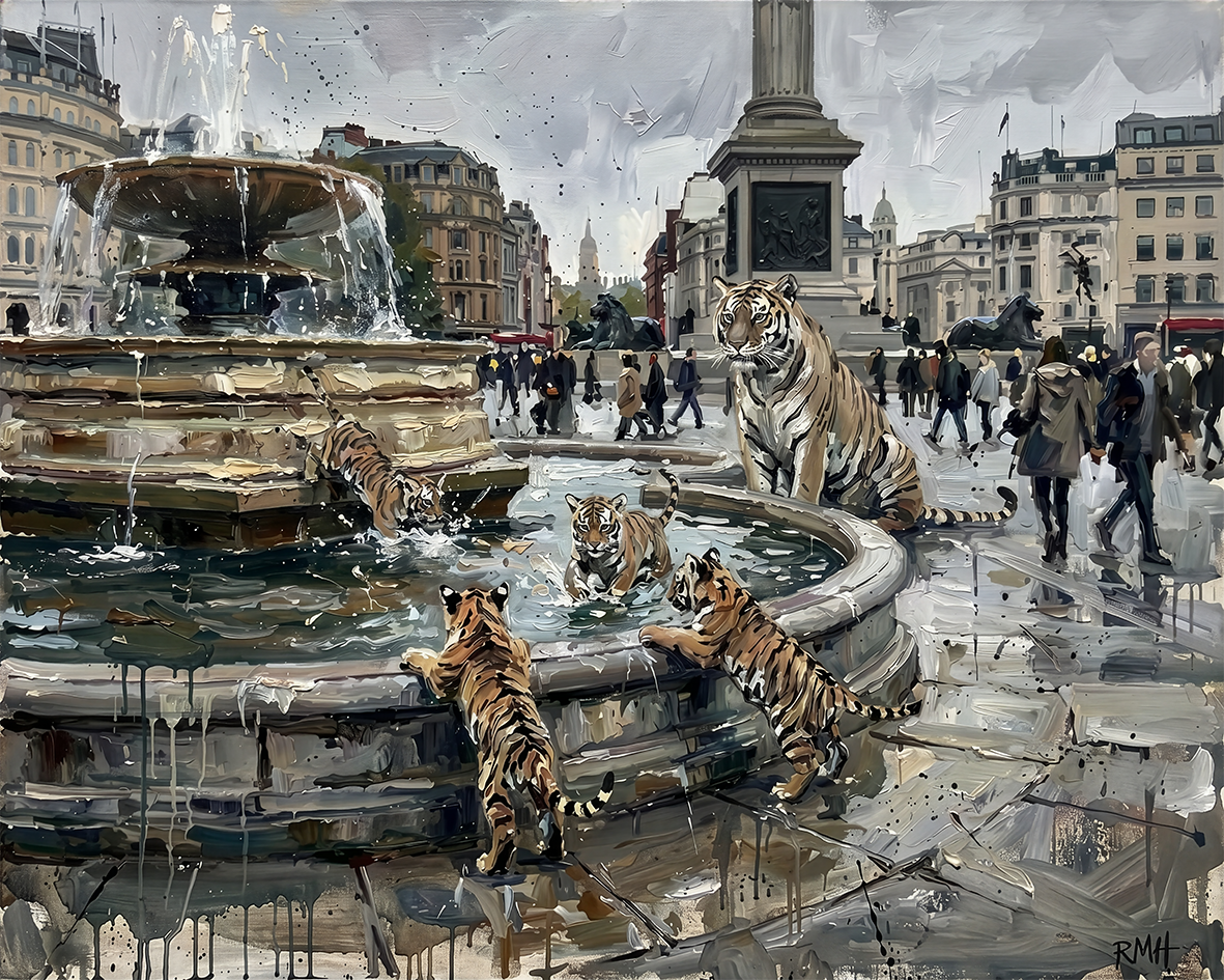 Tigers at Trafalgar Square — Oblivious in London palette-knife print on aluminium composite