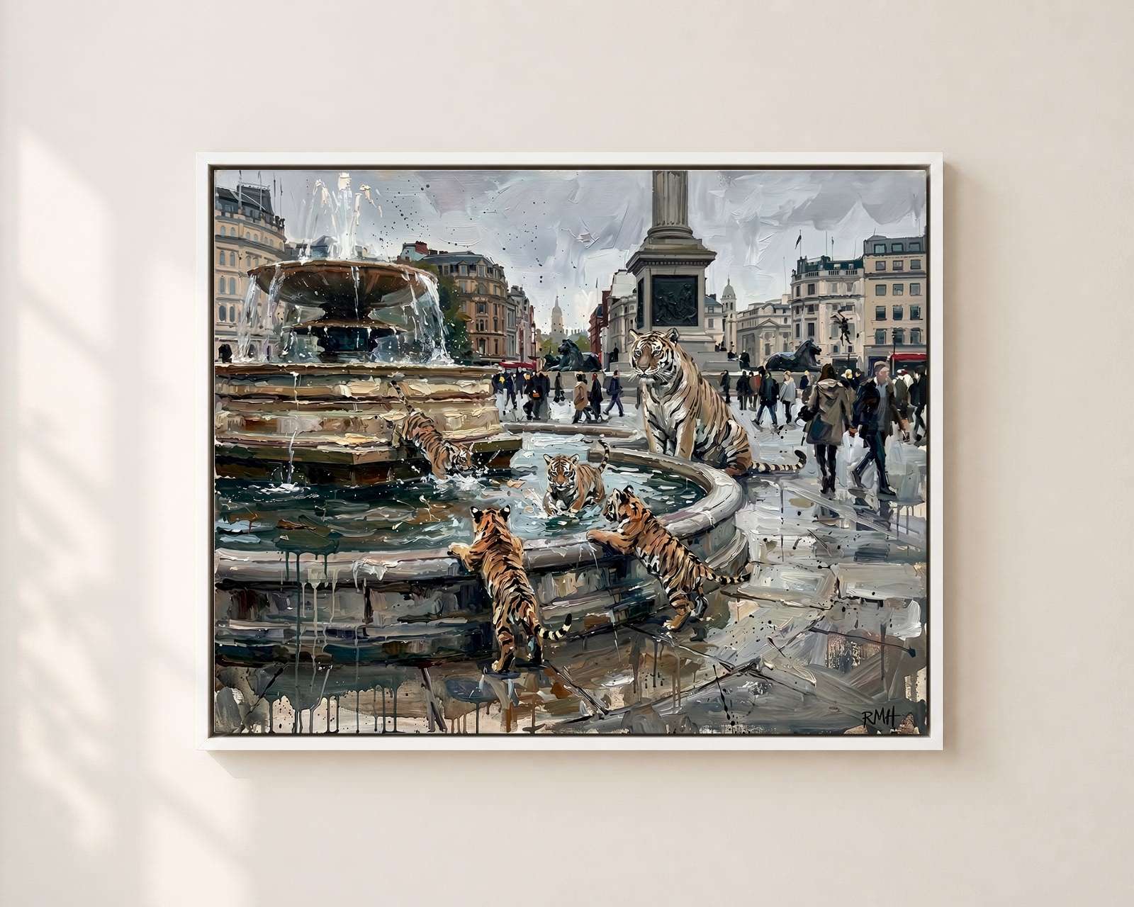 Tigers at Trafalgar Square — Oblivious in London palette-knife print on aluminium composite