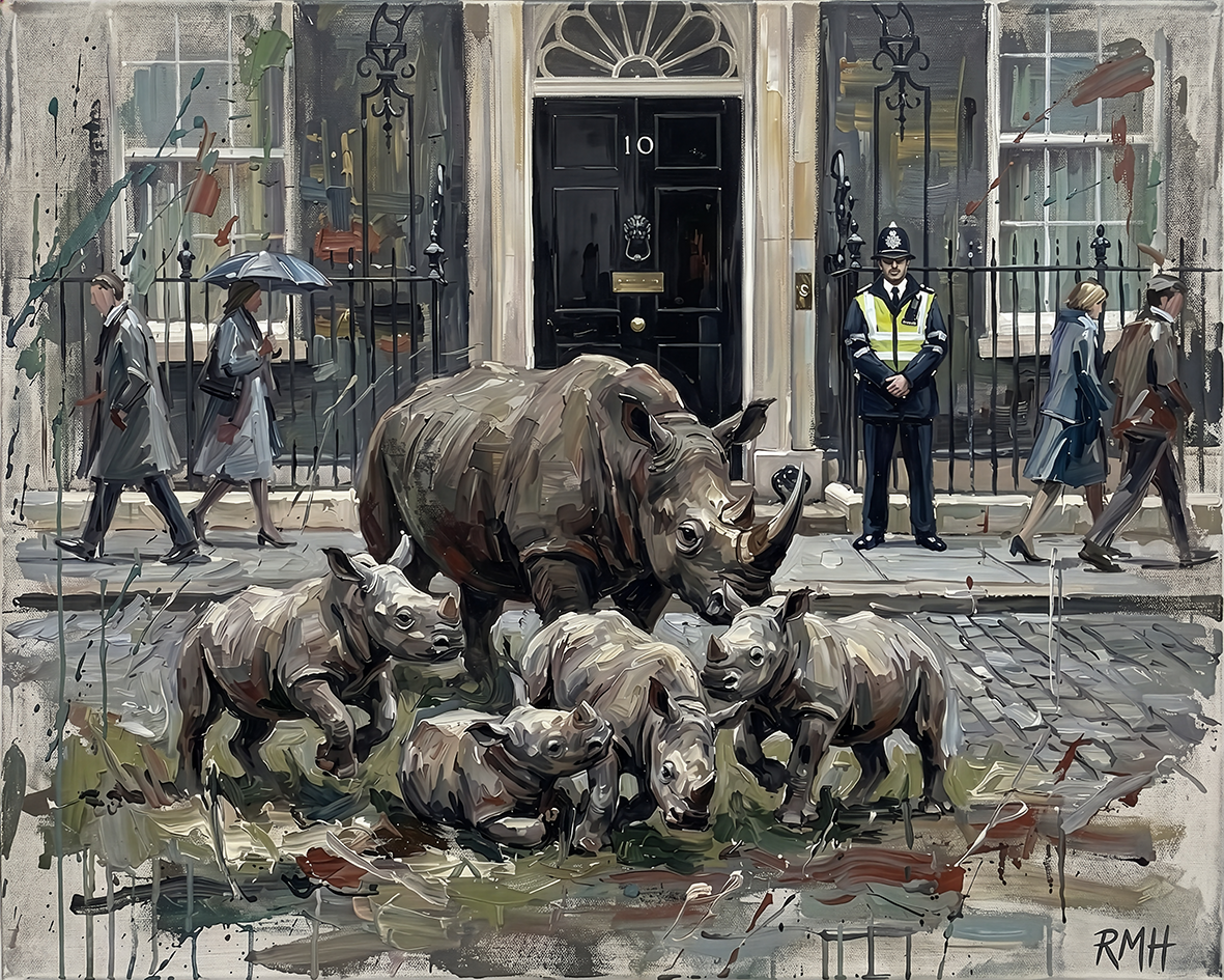 Rhinos at 10 Downing Street — Oblivious in London palette-knife print on aluminium composite