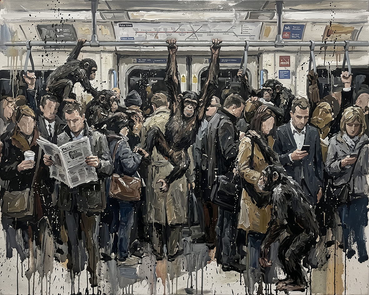 Chimpanzees on the London Underground — Oblivious in London palette-knife print on aluminium composite
