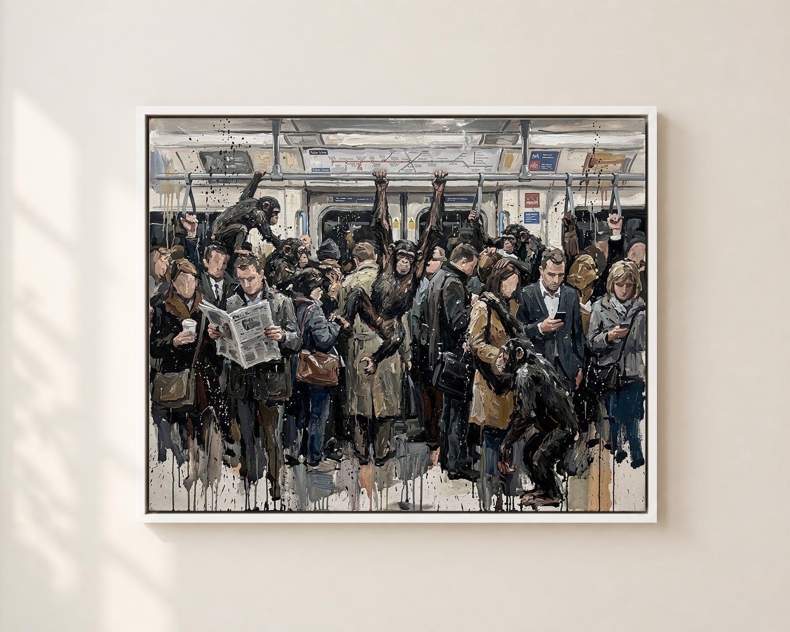Chimpanzees on the London Underground — Oblivious in London palette-knife print on aluminium composite