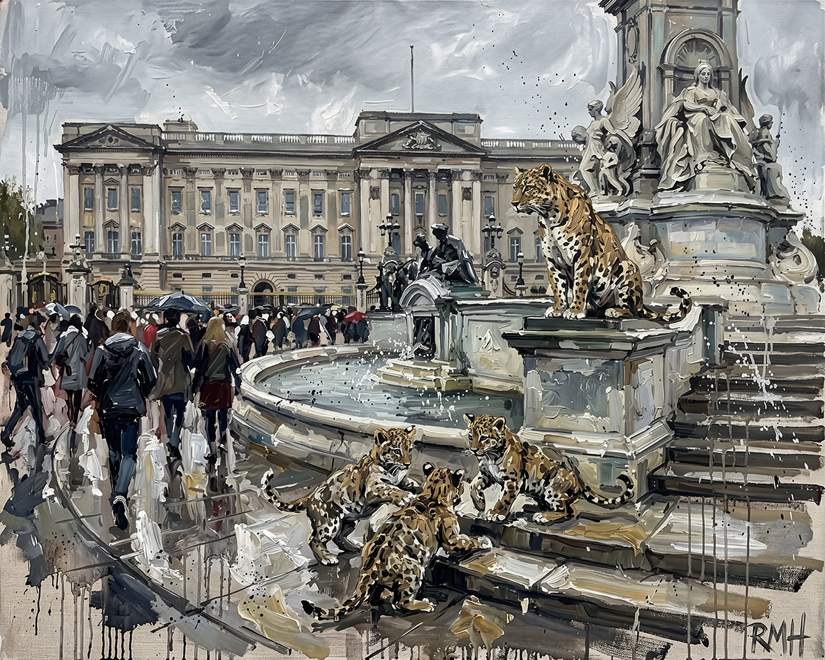 Leopards at Buckingham Palace — Oblivious in London palette-knife print on aluminium composite