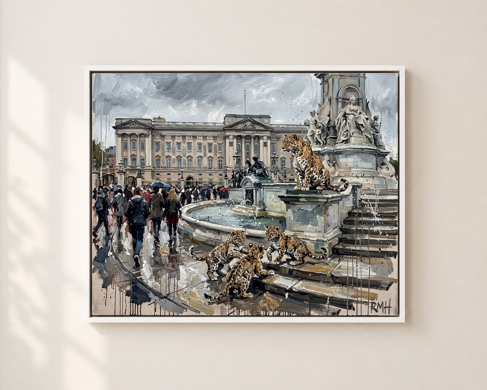 Leopards at Buckingham Palace — Oblivious in London palette-knife print on aluminium composite