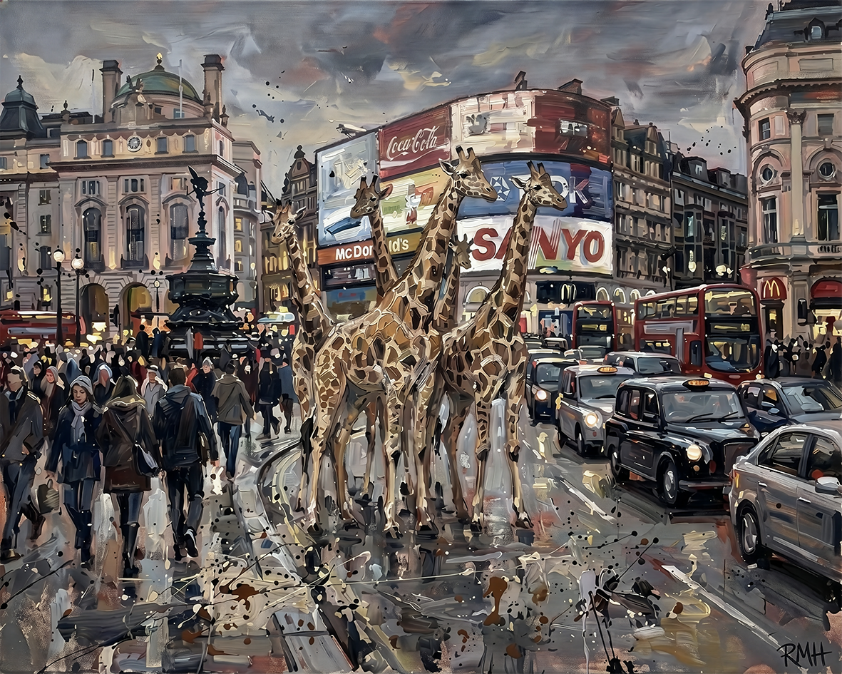 Giraffes in Piccadilly Circus — Oblivious in London palette-knife print on aluminium composite