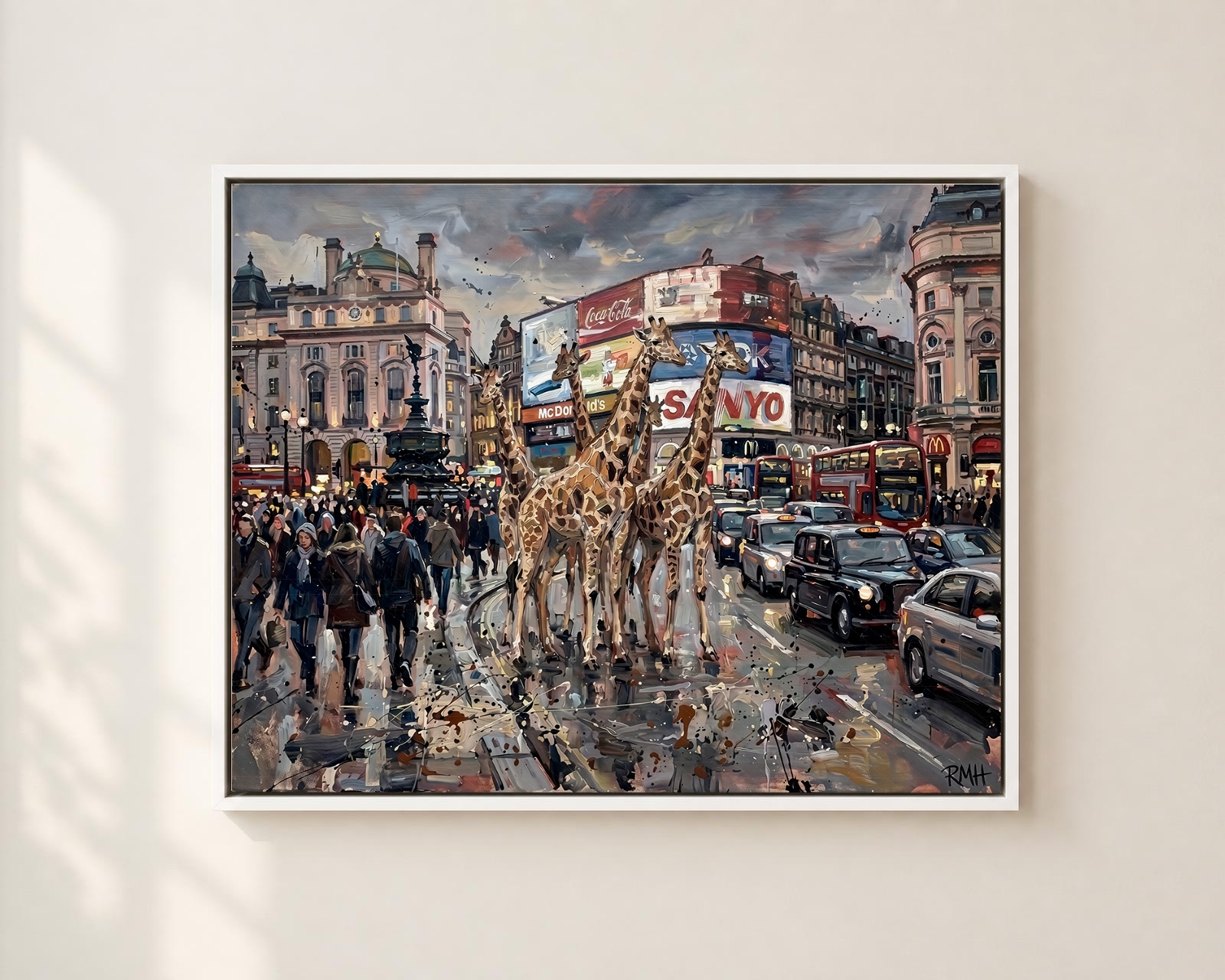 Giraffes in Piccadilly Circus — Oblivious in London palette-knife print on aluminium composite