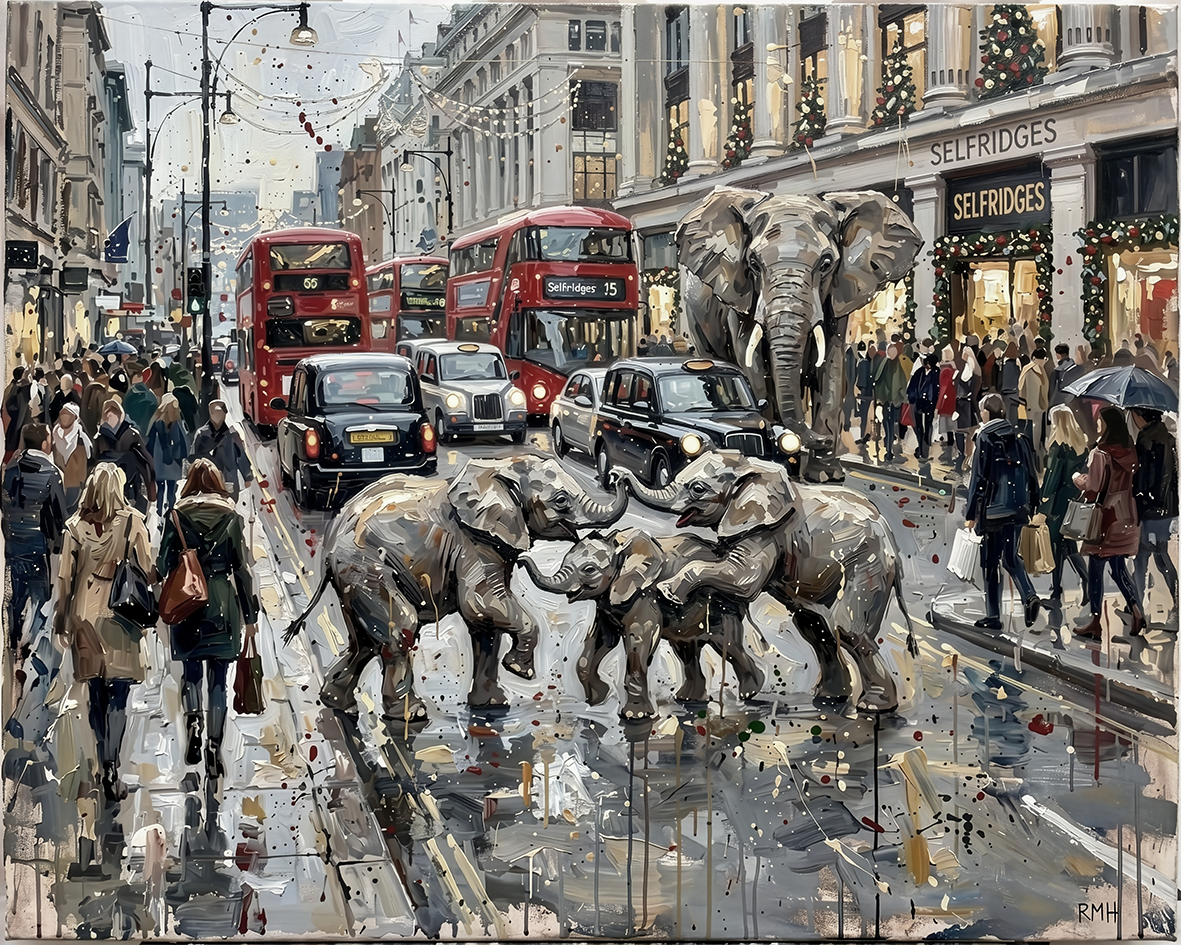 Elephants on Oxford Street (Selfridges) — Oblivious in London palette-knife print on aluminium composite