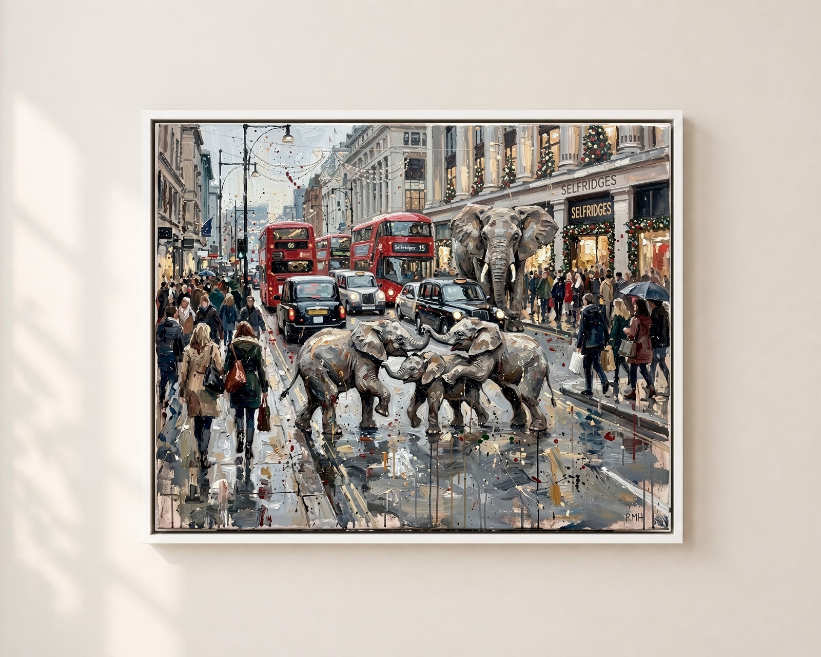 Elephants on Oxford Street (Selfridges) — Oblivious in London palette-knife print on aluminium composite