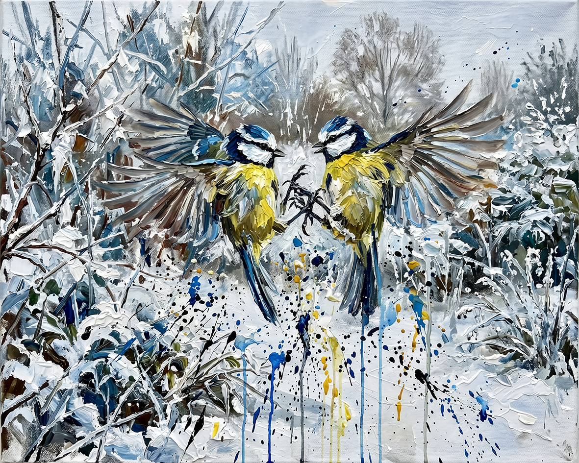Two Blue Tits in Flight — Beaks in Bleak Winter palette-knife print on aluminium composite