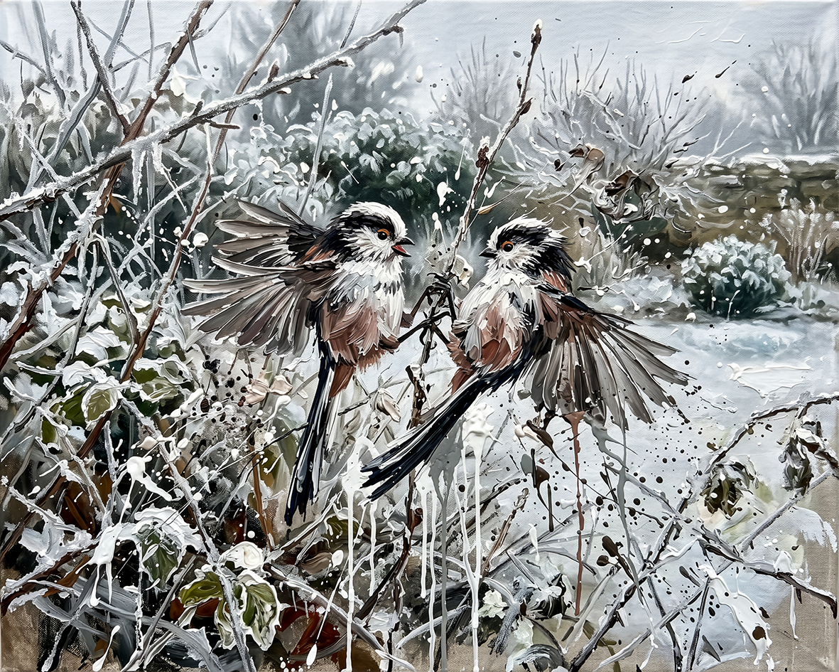Long-Tailed Tits in Snow — Beaks in Bleak Winter palette-knife print on aluminium composite