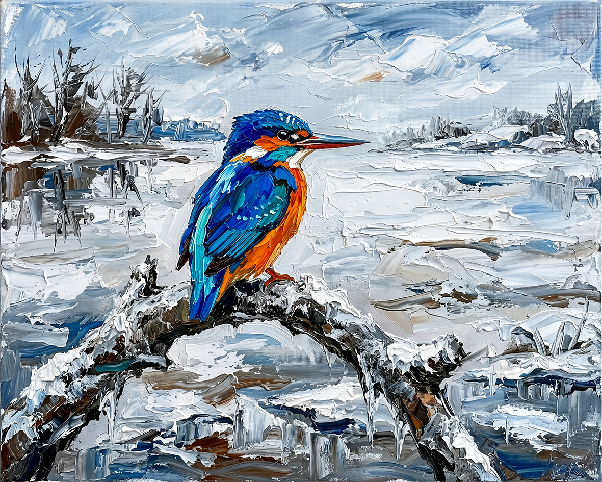 Kingfisher on a Snowy Branch — Beaks in Bleak Winter palette-knife print on aluminium composite