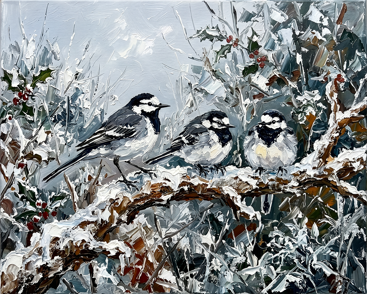 Wagtails on a Snowy Branch — Beaks in Bleak Winter palette-knife print on aluminium composite