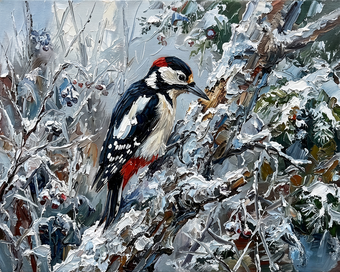 Great Spotted Woodpecker — Beaks in Bleak Winter palette-knife print on aluminium composite