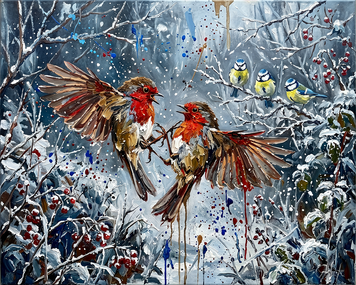 Robins Fight Blue Tits Watch — Beaks in Bleak Winter palette-knife print on aluminium composite