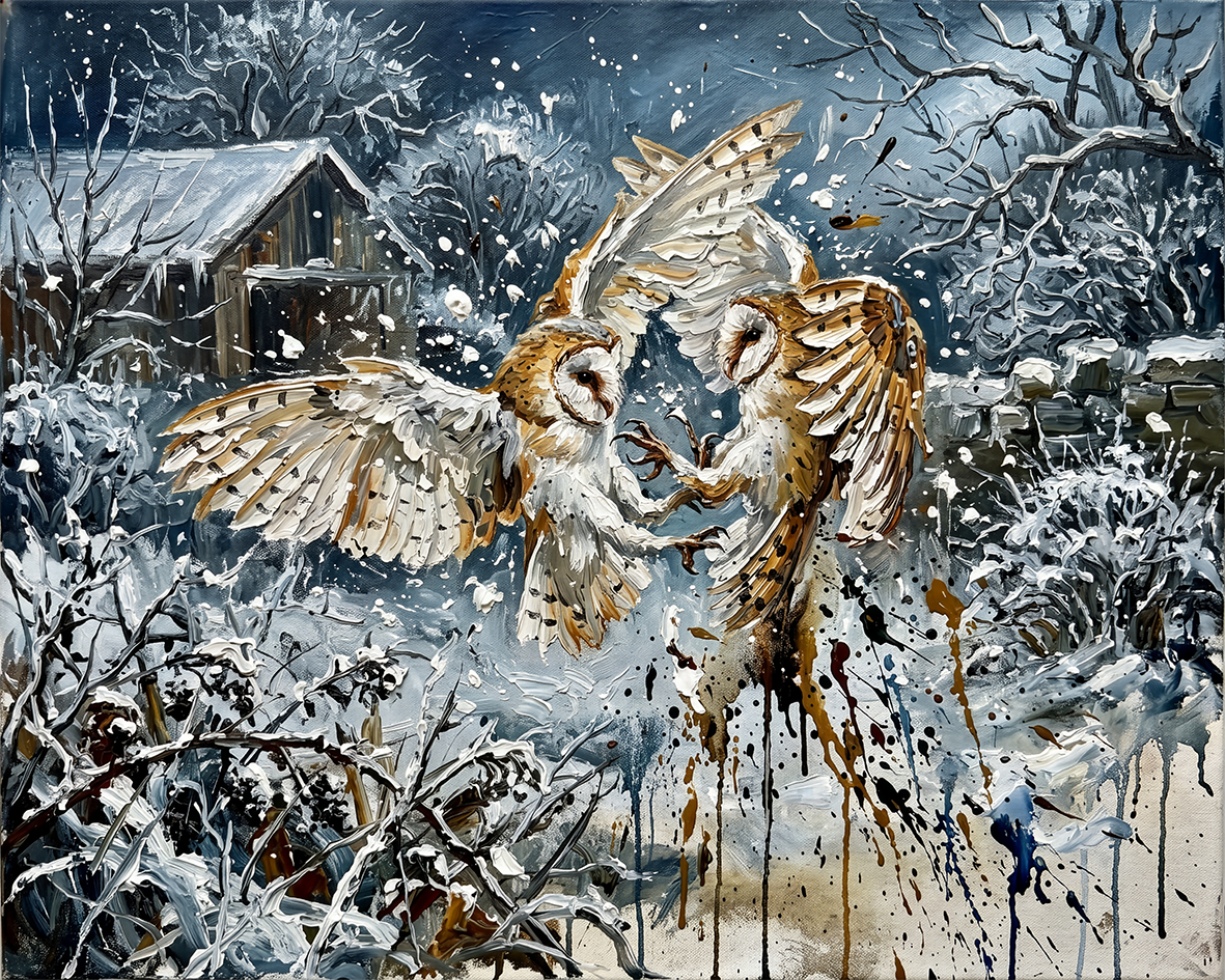 Two Barn Owls in a Snowy Landscape — Beaks in Bleak Winter palette-knife print on aluminium composite
