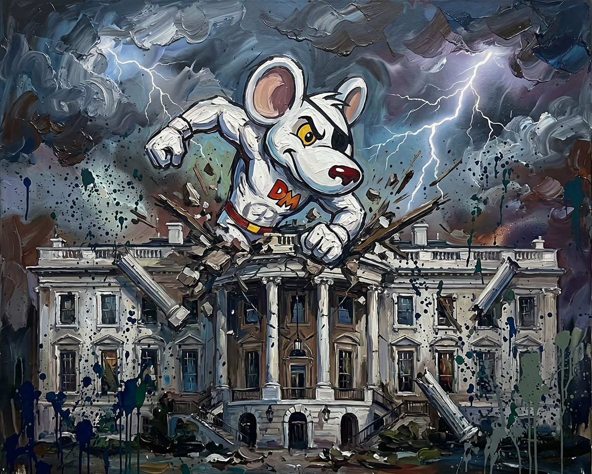 Mouse Knocks Down The Hose, USA — Cartoon Legends palette-knife print on aluminium composite
