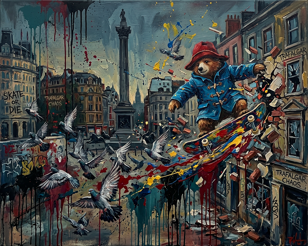 Skateboarding Bear, Trafalgar Square — Cartoon Legends palette-knife print on aluminium composite