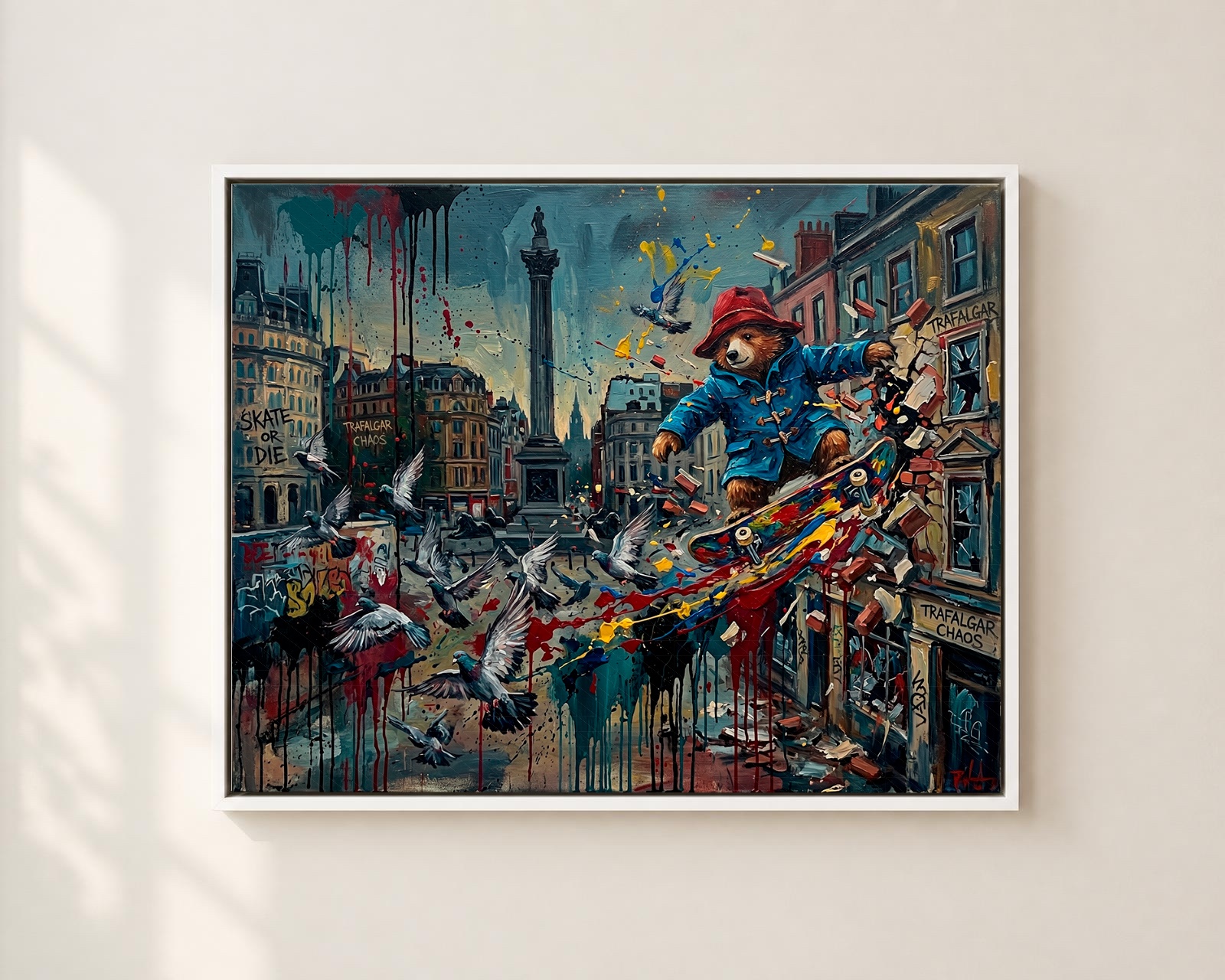 Skateboarding Bear, Trafalgar Square — Cartoon Legends palette-knife print on aluminium composite