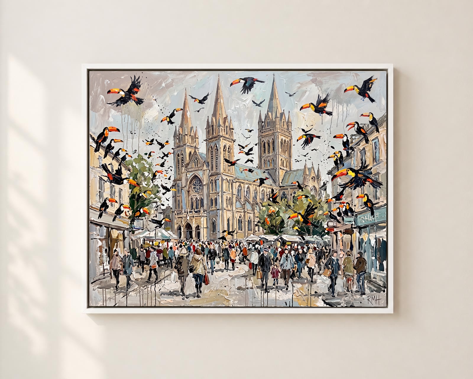 Toucans in Truro — Oblivious in Cornwall palette-knife print on aluminium composite