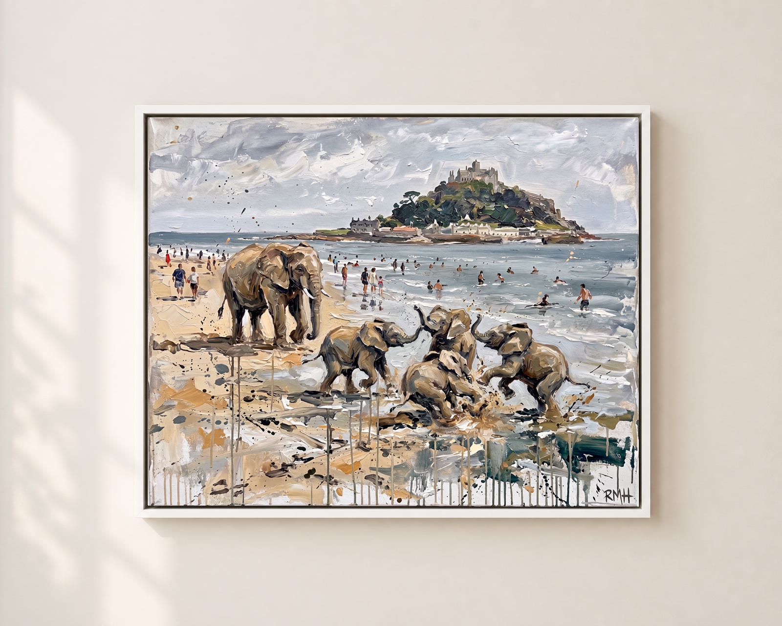 Elephants On Marazion Beach — Oblivious in Cornwall palette-knife print on aluminium composite