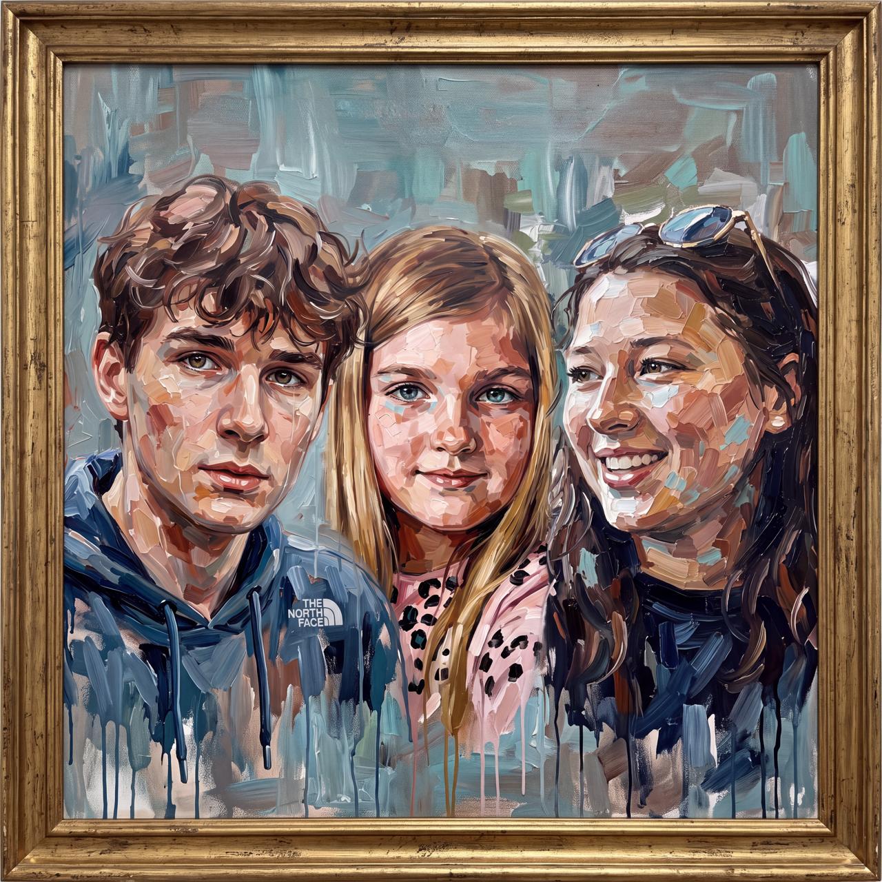 Custom palette-knife portrait of three children created from family photographs, in a gold tray frame